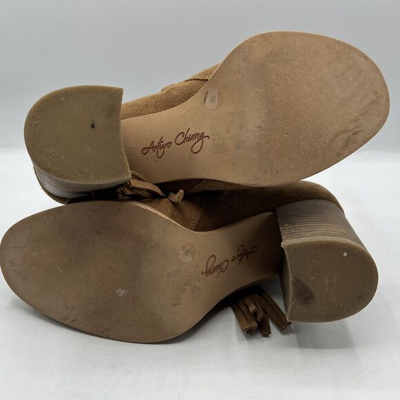 Arturo Chiang Suede Leather Fringe Chunky Heel Booties Boots Tan Camel Boho  7M - Picture 7 of 12